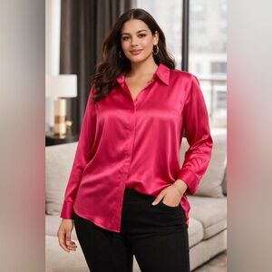 Truth 3X Hot Pink Satin Blouse Button Up Silky Plus Size Statement Top NWT